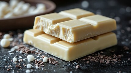 Delicious white chocolate bar broken on dark background