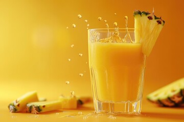 Refreshing pineapple juice with summer vibes on orange background.
