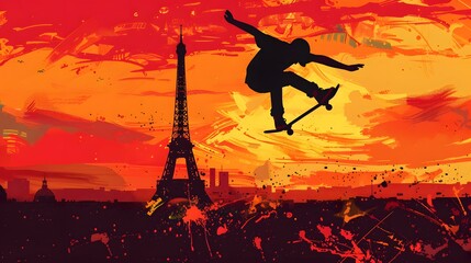 A skateboarder performing tricks, with the Eiffel Tower visible, illustrated in modern vector art.