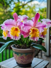 Fototapeta premium A pink and yellow flower in a pot on a wooden table