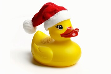 A cheerful rubber duck wearing a festive Santa hat adds joy to holiday decorations. Perfect for Christmas-themed projects. Bright and playful style. Generative AI