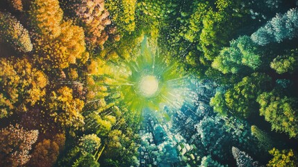 Oil painting representing ESG concepts focusing on environment society and governance featuring a bird s eye view of a vibrant forest and sustainable networking themes