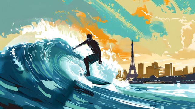 A surfer riding a wave, with the Paris skyline visible, captured in sharp vector graphics.