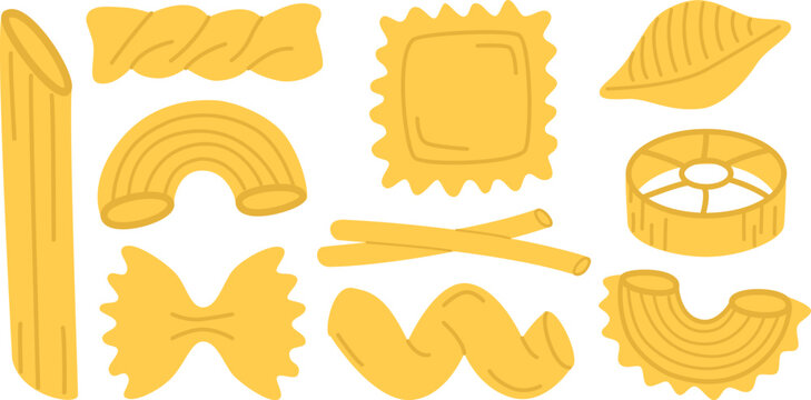 Set of different pasta types. Vector illustration of cute elements in flat style	