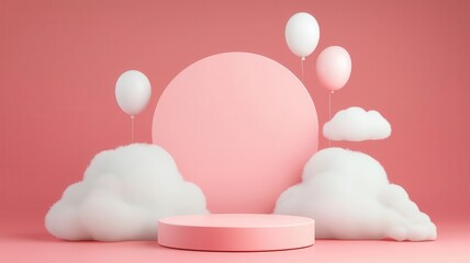 3d Mock up Pink pastel podium with soft clouds and balloon elements Pedestal stage for baby product presentation Dreamy scene for advertising Sale promotion background