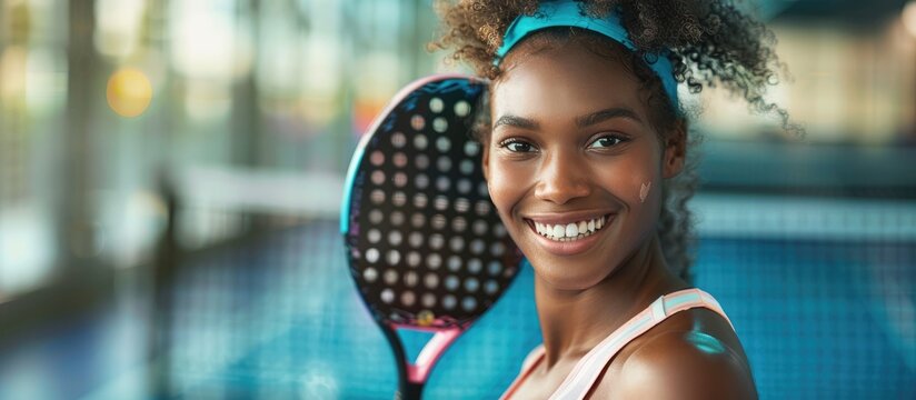 A cheerful Black female athlete is enjoying a game of paddle tennis while making eye contact with the camera in a photo with empty space for text or graphics. with copyspace image