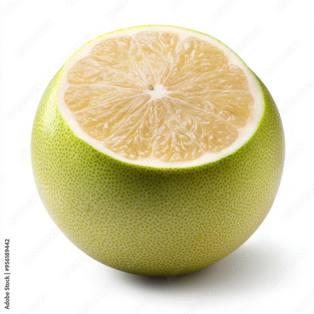 Sticker A halved green pomelo with a white flesh, isolated on a white background.