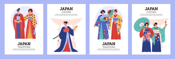 Beautiful Japanese women geisha holding umbrella and fan in national kimono vector posters set, culture and traditions