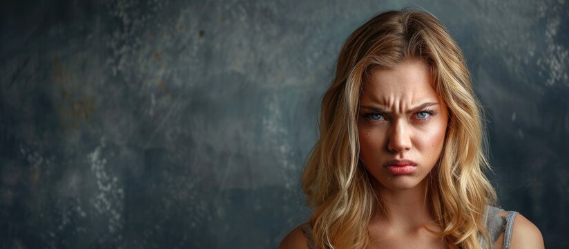 A blonde woman looking sad whiny and unhappy with a frowning face shedding tears displaying a negative and frustrated demeanor in a copy space image