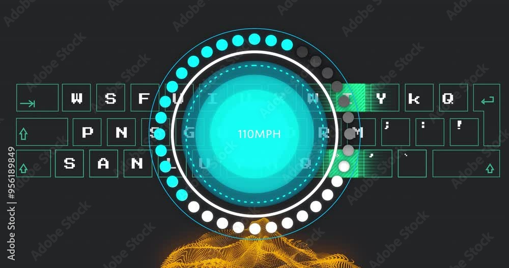 Poster speedometer showing 60mph animation over digital keyboard and abstract orange waves