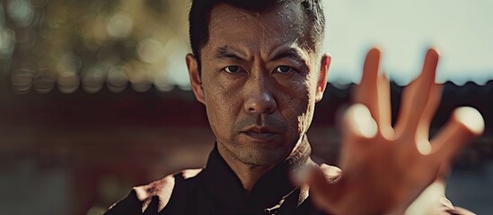 An assured Asian man with hands gesturing towards a copy space image