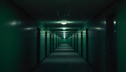 The hotel's hallway is long, dimly lit, and has green walls and rows of doors on both sides.
