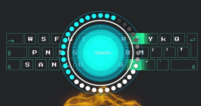 Speedometer showing 60MPH animation over digital keyboard and abstract orange waves