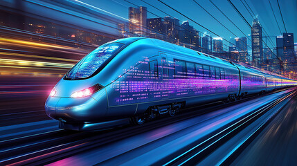 A high-speed train with digital data flowing through it, a futuristic cityscape in the background