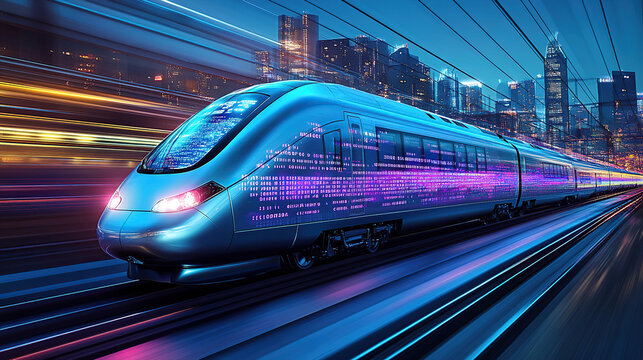 A high-speed train with digital data flowing through it, a futuristic cityscape in the background