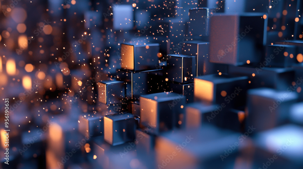 Aufkleber abstract digital landscape featuring floating cubes with glowing edges and particles in a futuristic