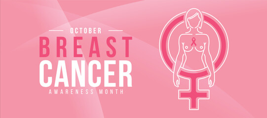 October is Breast cancer awareness month - white line woman and pink ribbon awareness sign in female symbol on pink background vector design