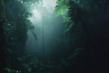 Tropical forest in darkness, with a dense and mysterious atmosphere.