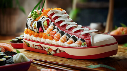 A designer image where sushi is shaped like a sneaker made of rice, fish, and other sushi ingredients. An unusual and creative presentation of traditional Japanese cuisine