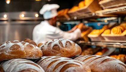 Freshly baked bread loaves cooling in a bakery with a baker in the background arranging more bread.