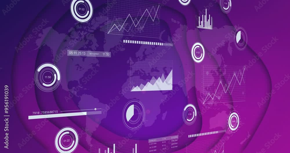 Poster graphs and charts animation over world map in purple tones
