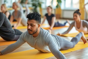 Fototapeta premium Mixed Group Yoga Class with Overweight Individuals Practicing Stretching on Mats in a Bright Studio Setting