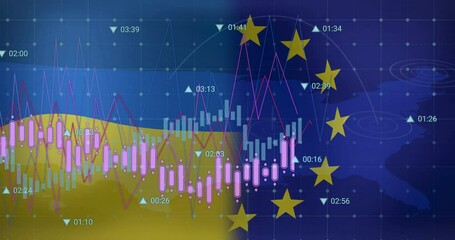 Financial data analysis animation over Ukraine and European Union flags - Powered by Adobe