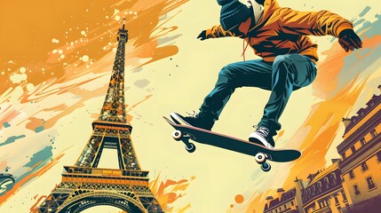 A skateboarder performing tricks, with the Eiffel Tower visible, illustrated in modern vector art.