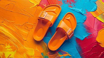 Orange fashionable sandals with a colorful vibrant background