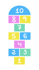 Colorful hopscotch with numbers from one to ten in bright pastel colors, designed for children's outdoor play