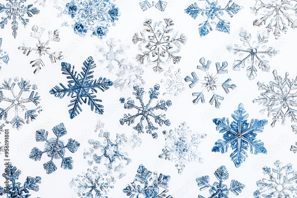 Poster the artwork showcases an array of artistic snowflakes with unique designs in shades of blue against 
