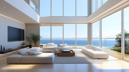 Modern living room interior with panoramic windows and ocean view, high ceiling, white sofa set, and wooden floor