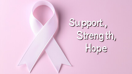 A pink ribbon symbolizing breast cancer awareness, accompanied by the words Support, Strength, Hope on a soft pink background