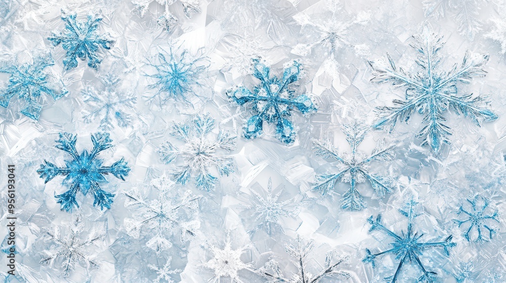 Poster delicate abstract snowflakes and soft lines form a serene winter pattern, blending shades of blue an
