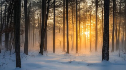 A foggy forest at sunrise with melting snow creating a misty atmosphere, located in Michigan, USA.