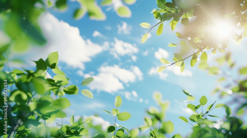 Poster a beautiful blue sky with a few clouds and a tree with green leaves
