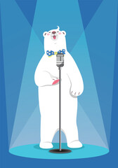 Musical singing animal, celebration concert. Poster with cartoon singing polar bear. Perfect for invitation card, poster, birthday card, textiles and baby shower. 