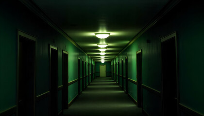 Fototapeta premium A long, dimly lit hallway with rows of closed doors on both sides, leading to a bright light at the end