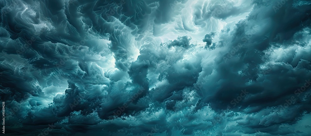 Poster dramatic storm clouds in dark grey contrast sharply with a blue sky background creating a striking s