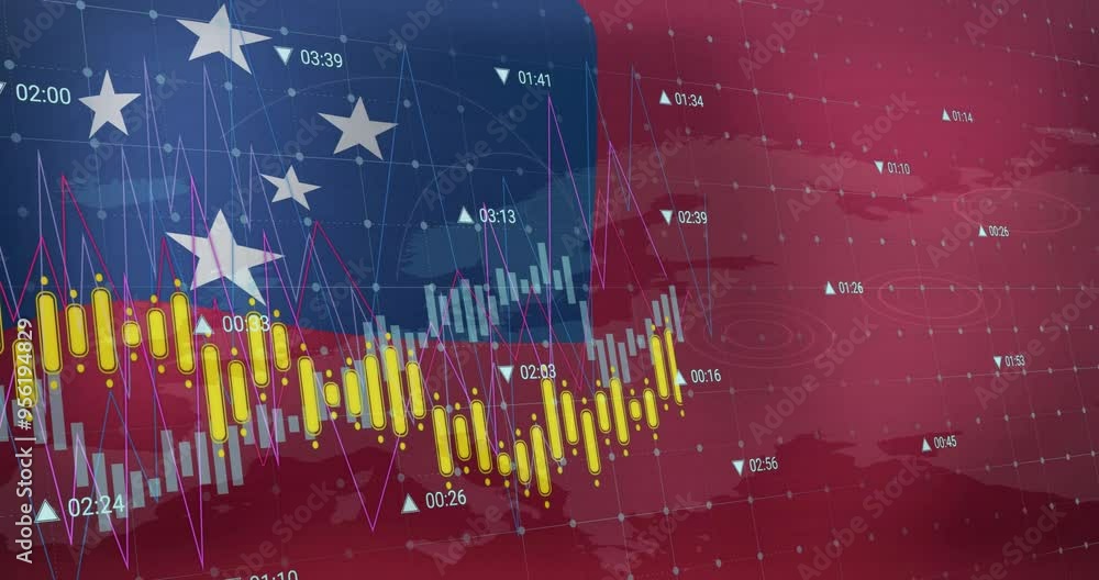 Poster financial data and stock market animation over samoa flag background with world map