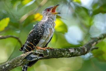 A stunning close-up of a common cuckoo calling from a tree branch, with its mouth open.