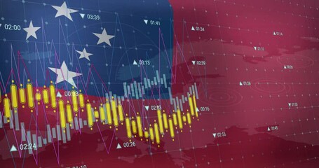 Financial data and stock market animation over Samoa flag background with world map - Powered by Adobe