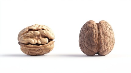 Obraz premium A whole walnut and a cracked walnut isolated against a white background.