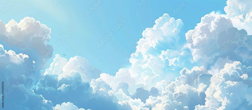 Poster sunny blue sky with fluffy white clouds creating a textured background featuring prominent cumulus c