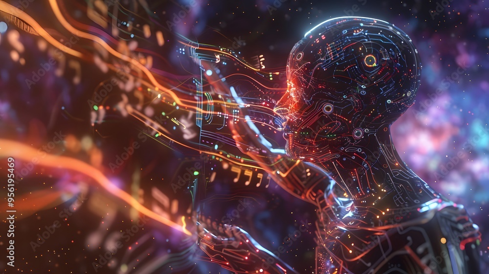 Poster artificial intelligence in a digital universe. a glowing, humanoid robot with intricate circuitry, s