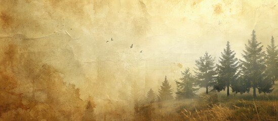 Misty hill with pine trees on stylish textured old paper square background with copy space image