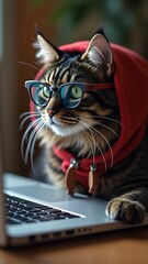 A cat with glasses and a hood behind a laptop