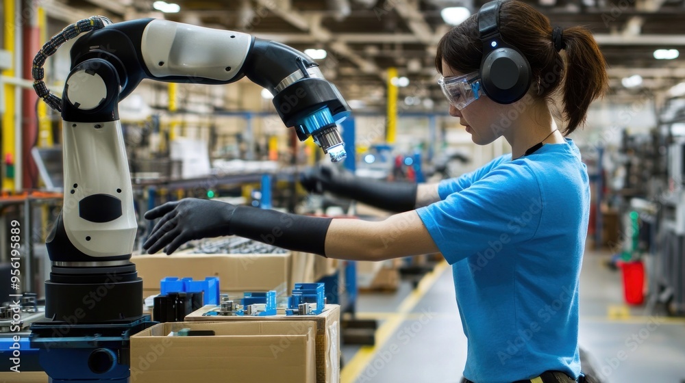 Poster female worker interacting with a robot arm in a factory