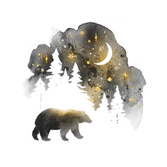 Vector silhouette of bear. Magic winter landscape with isolated animal, sky, stars, moon and forest in black and golden colors. Watercolor bear  illustration and splash
