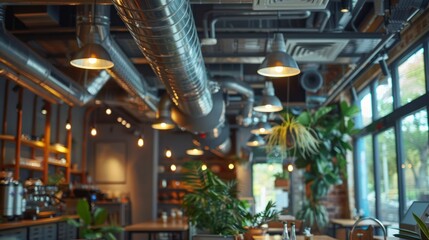 Exposed pipes and ventilation ducts in a trendy industrial coffee shop, with a cozy yet modern atmosphere